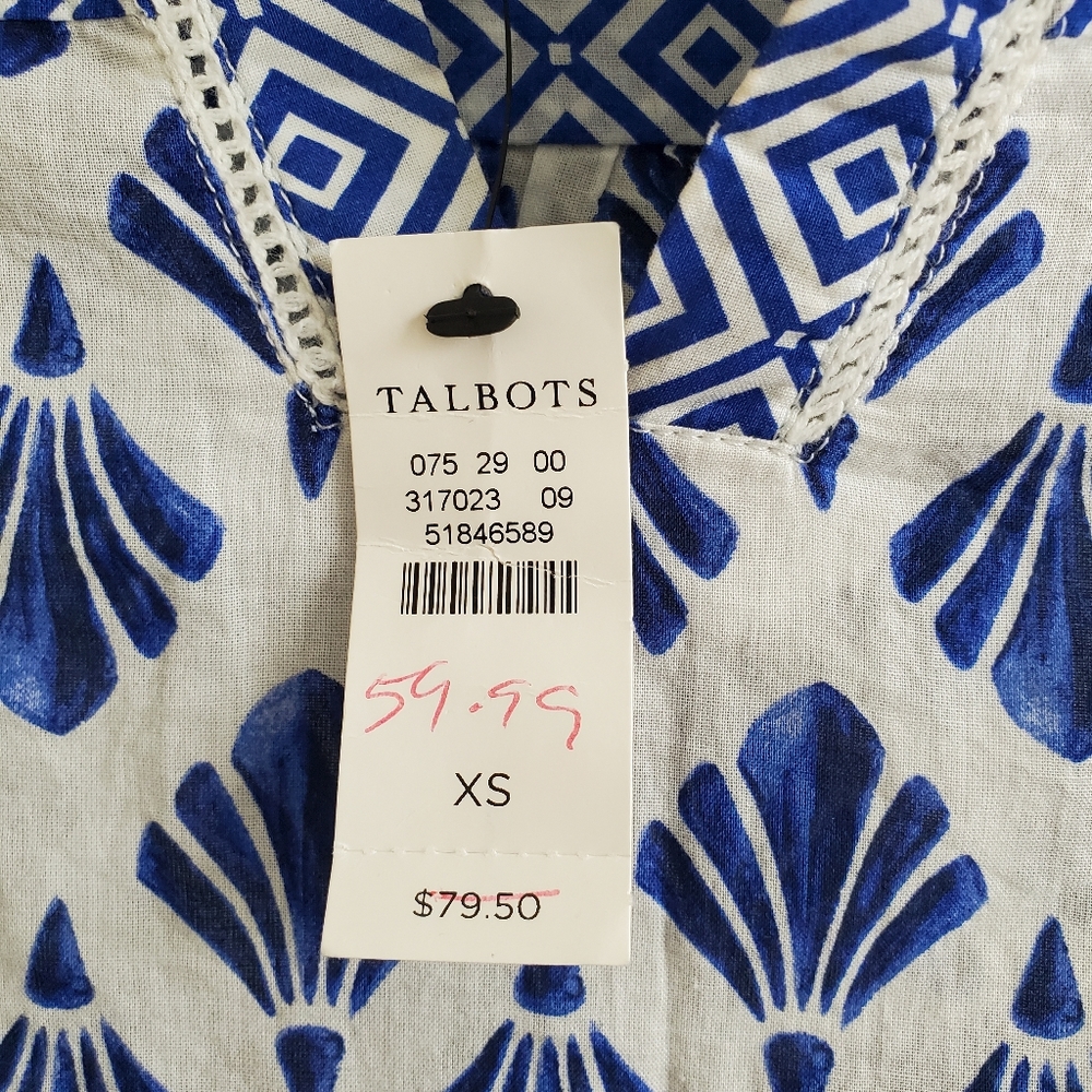 Talbots NWT Tassel Fringe Printed Boho Seashell Tunic in Blue and White Size XS - Picture 5 of 8